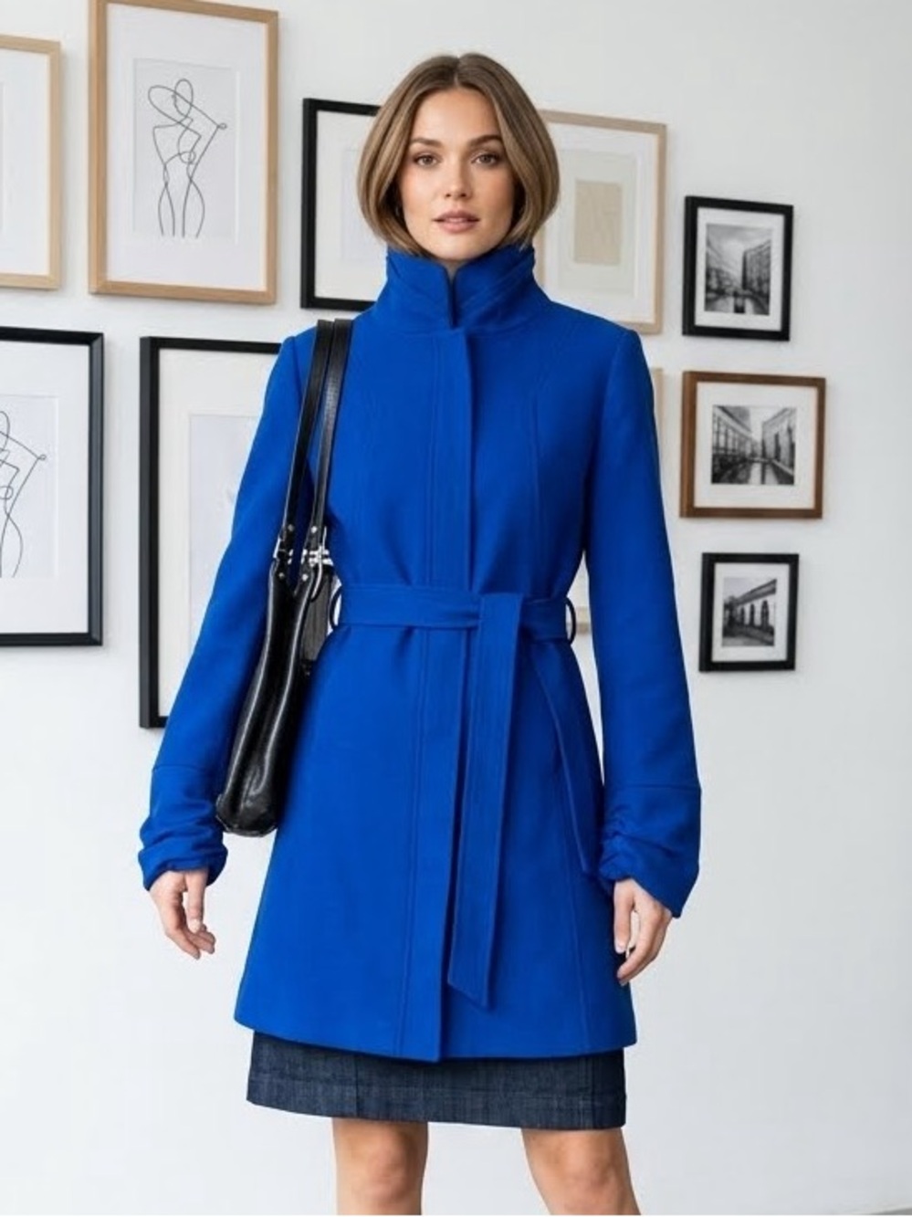 💙 mell COLLECTION Cobalt Electric Blue Funnel Neck tie Belted Coat chic size 44
